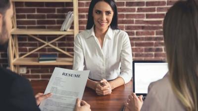 Woman excited at job interview, resume, nervous, career